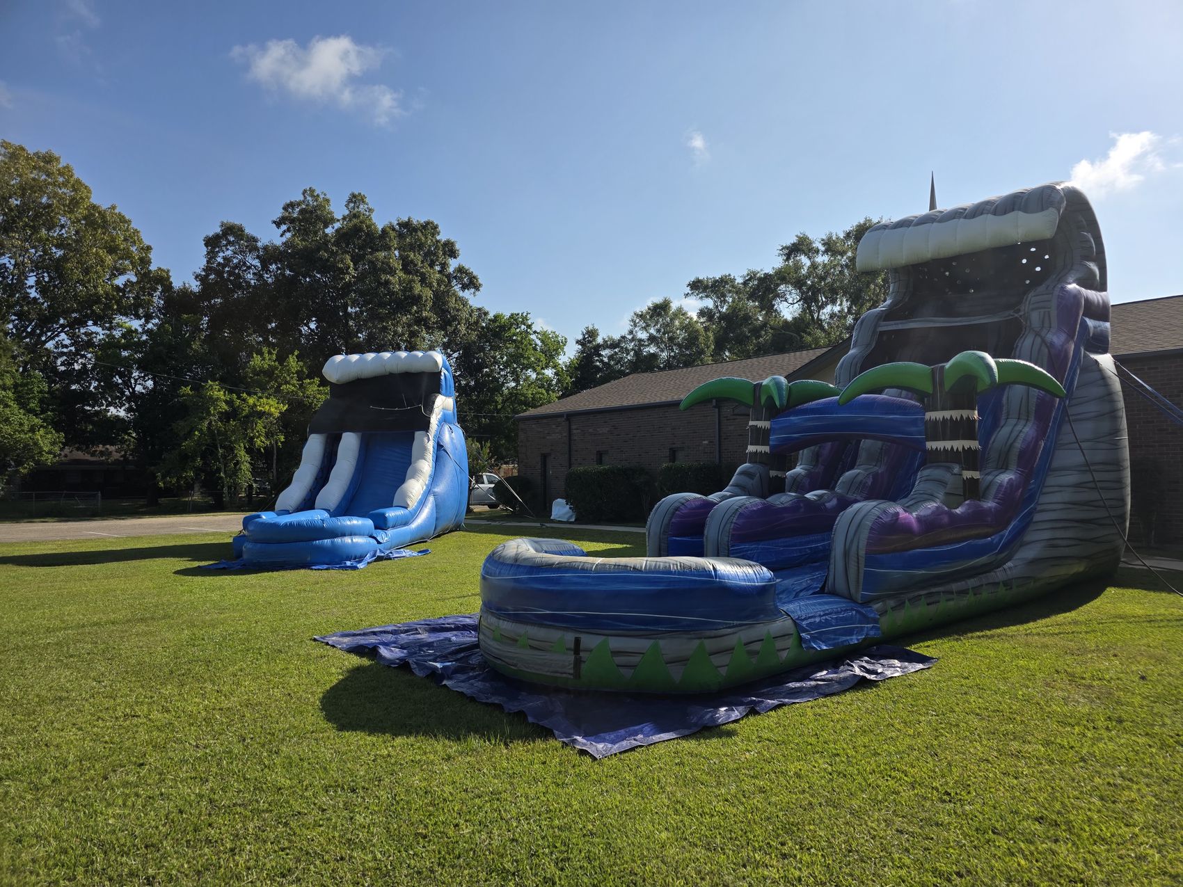 Water slides on the church lawn for the community